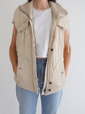 Marc Cain Y2K Beige Rib Knit Collar Utility Zip Vest Drawstring Pocket Vest M